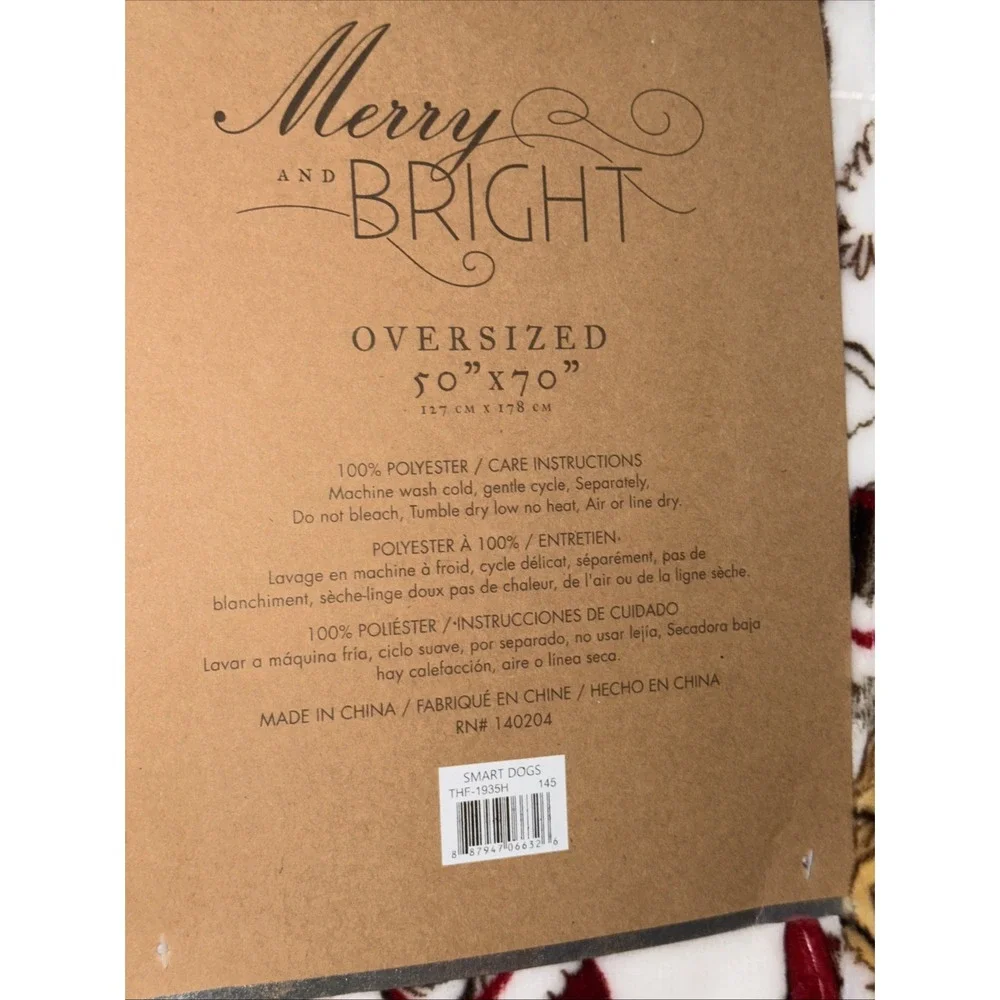 Merry and Bright Smart Dogs Christmas Plush Throw Blanket 50x70 Santa Hats New